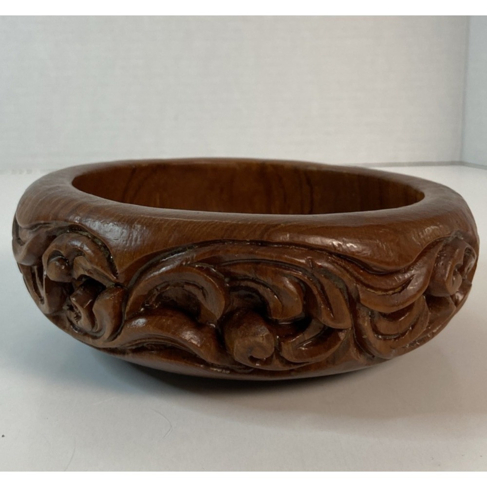 Vintage Decorative Teak Wood Carved Bowl Catch All Key Jewelry Trinket Dish